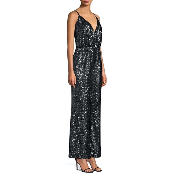 $228 LAUNDRY BY SHELLI SEGAL Sz2 WIDE-LEG ALLOVER SEQUINED JUMPSUIT BLACK Gray - Picture 2 of 11